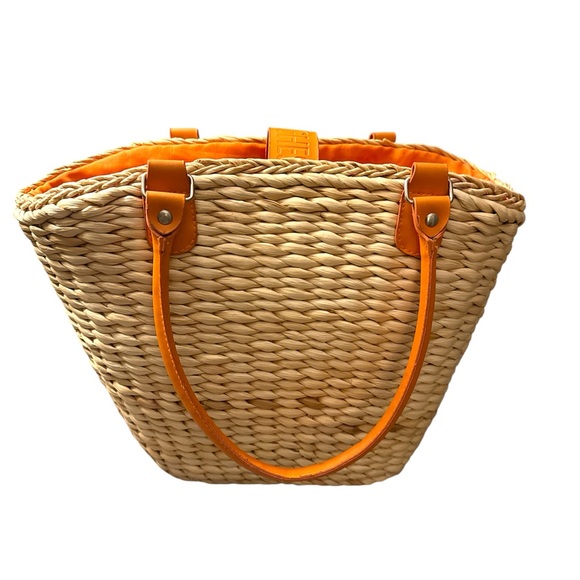 Borghese Handbags - Chic Woven Tan and Orange woven Rattan Bag